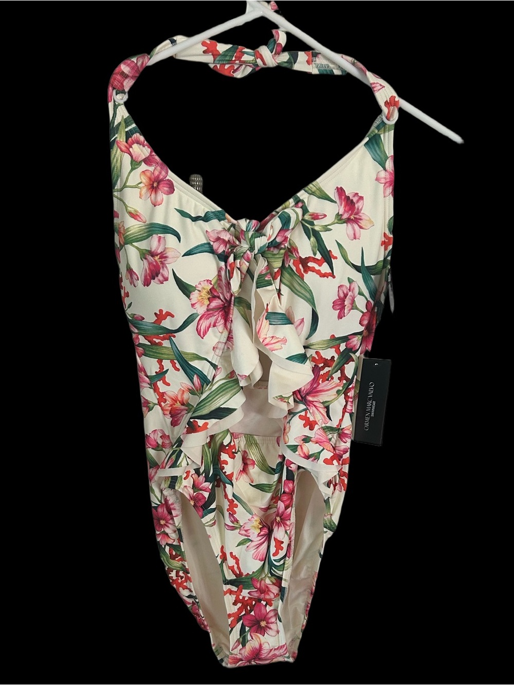 Carmen Marc Valvo Cream Floral Halter One-Piece with Pink & Green. Sz. 10.   385